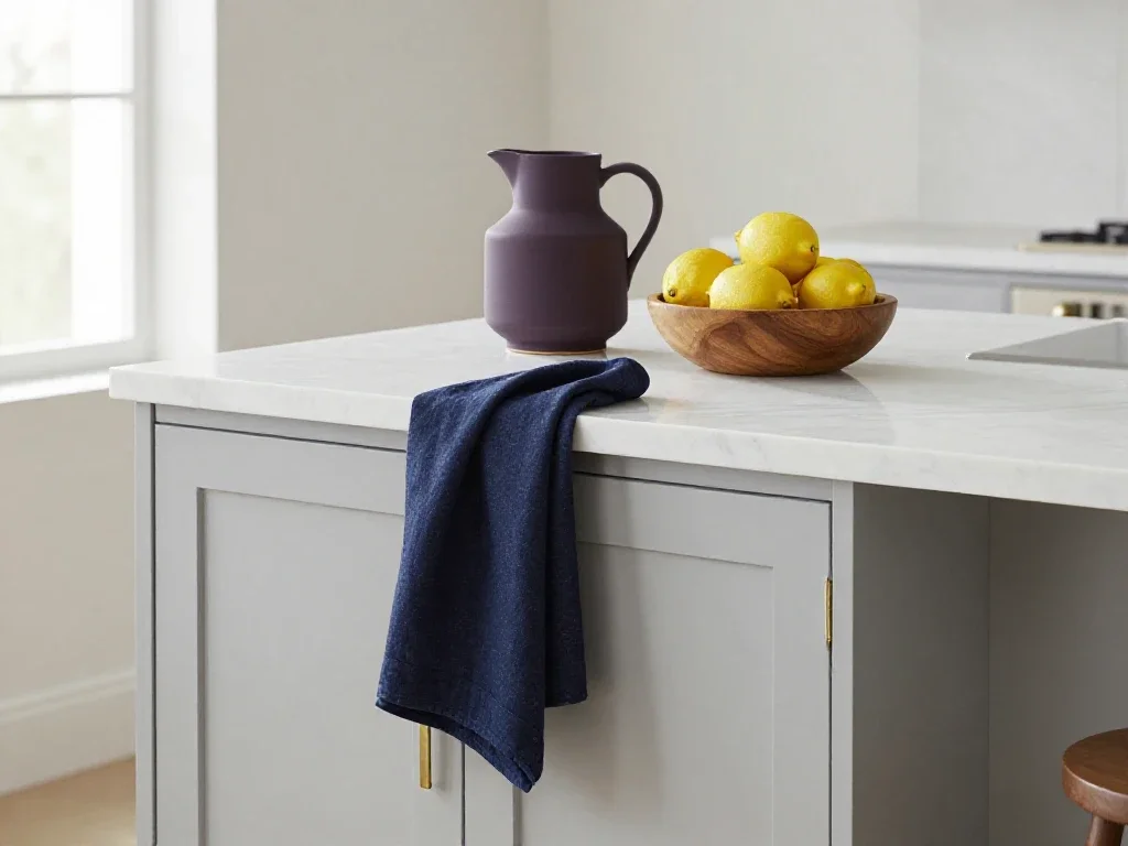 Cuisine moderne épurée avec îlot en marbre, accessoires colorés et éclairage naturel doux.