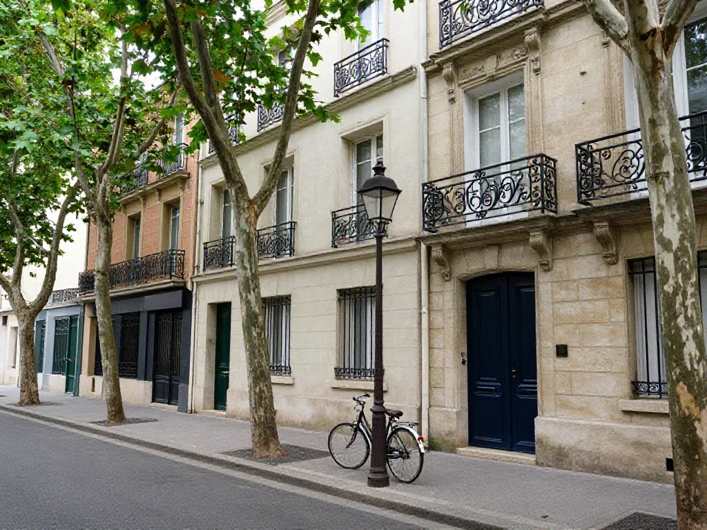 Façades d'immeubles et arbres dans un quartier résidentiel paisible illustrant le cadre de vie quotidien.