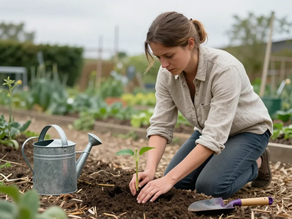 Une femme française plante un jeune arbre dans un jardin urbain pour l'écologie.