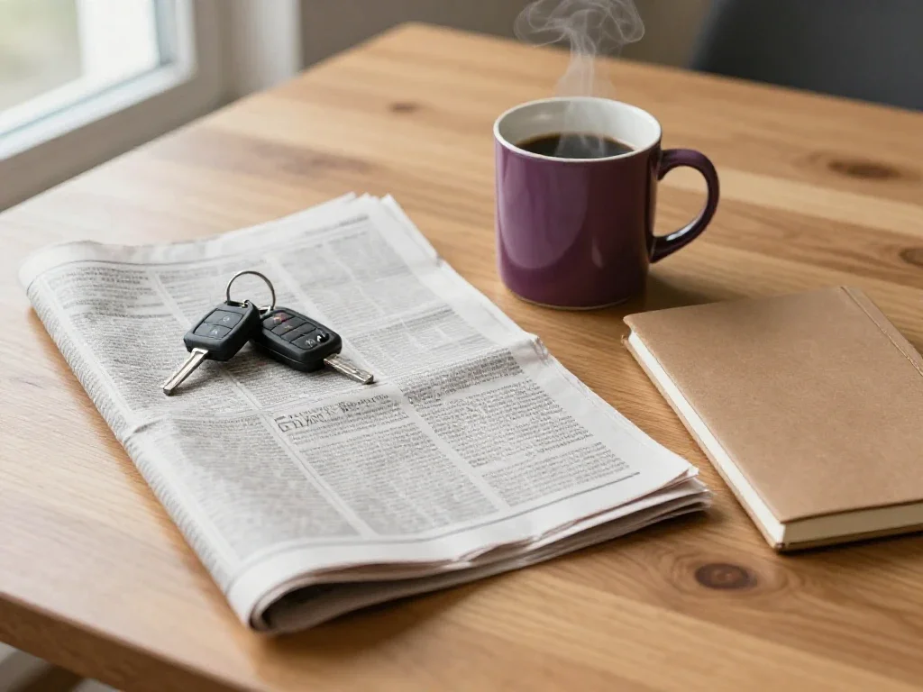 Journal ouvert, café chaud et clés sur un bureau, évoquant l'analyse minutieuse du quotidien.