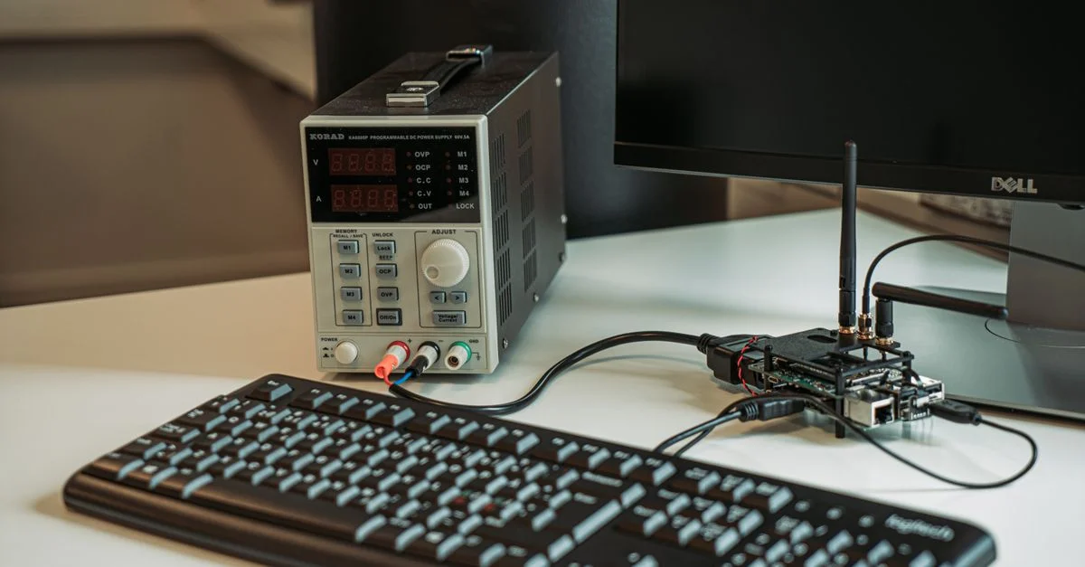 Une configuration de bureau high-tech avec un programmateur d'alimentation, un clavier d'ordinateur et un moniteur.