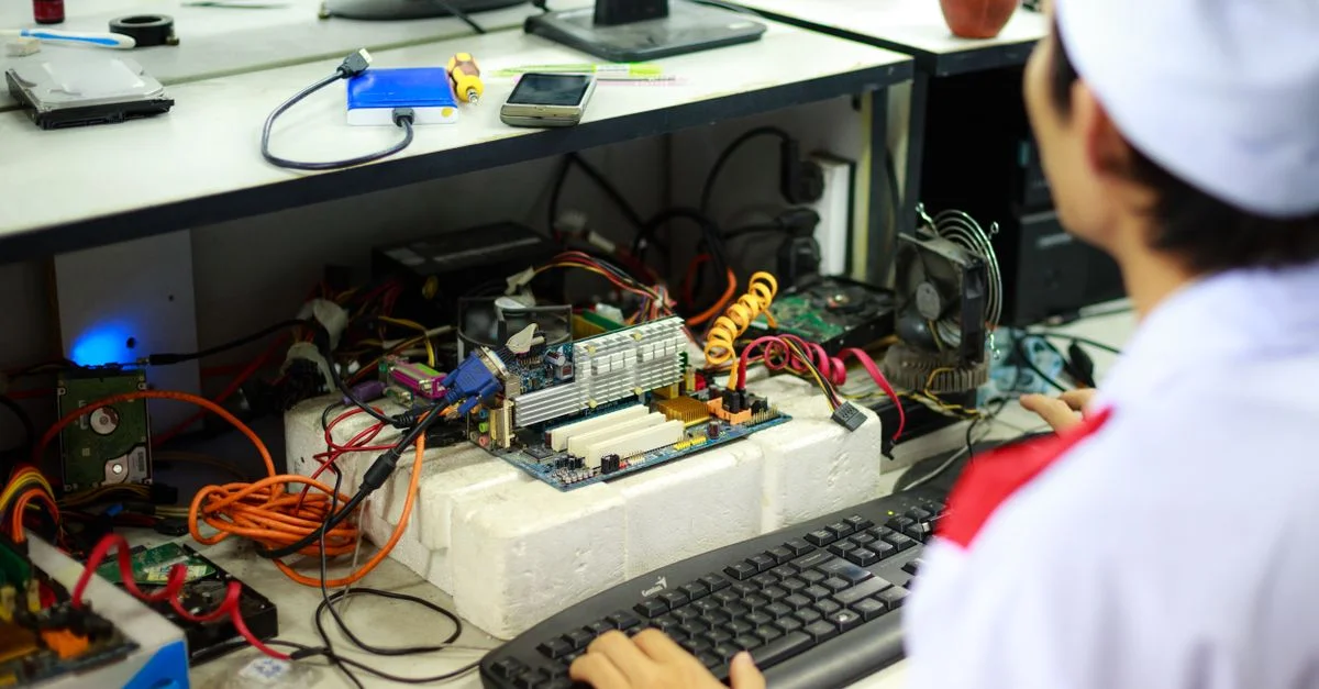 Un homme en uniforme de laboratoire travaillant sur des composants informatiques et du câblage à un poste de travail.