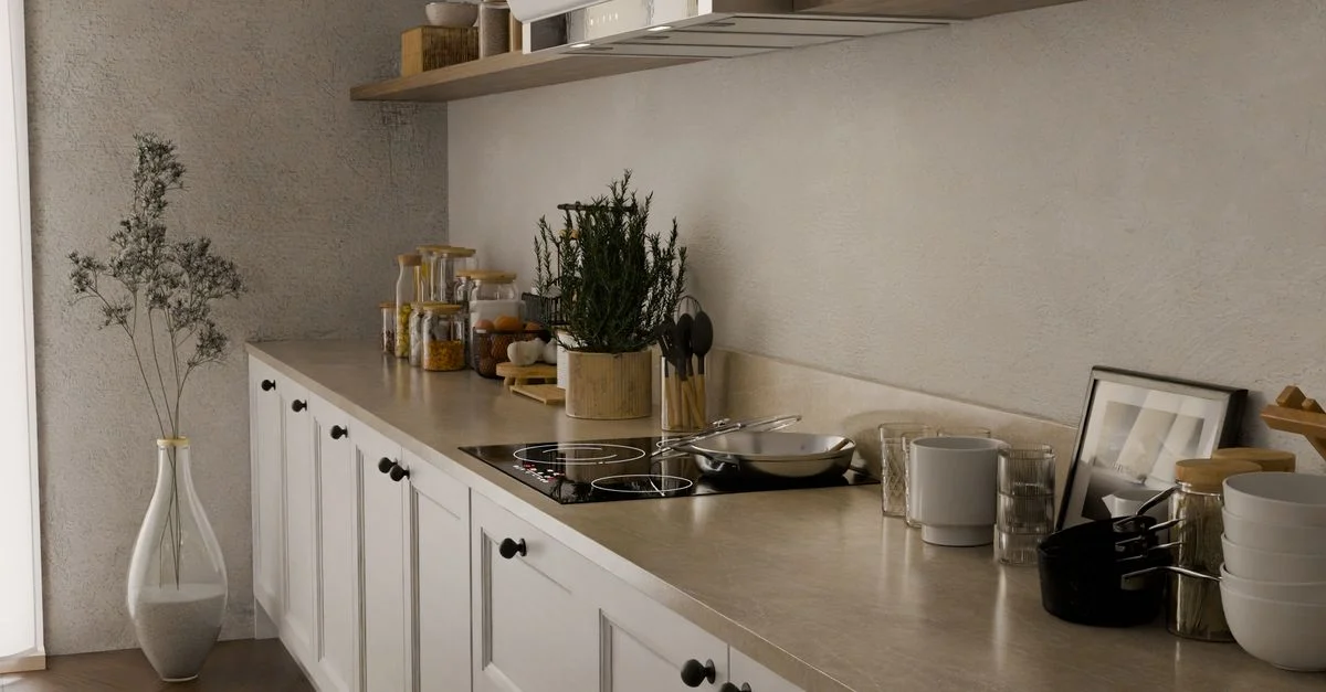 Cuisine minimaliste élégante avec une décoration moderne et des éléments de design intérieur.